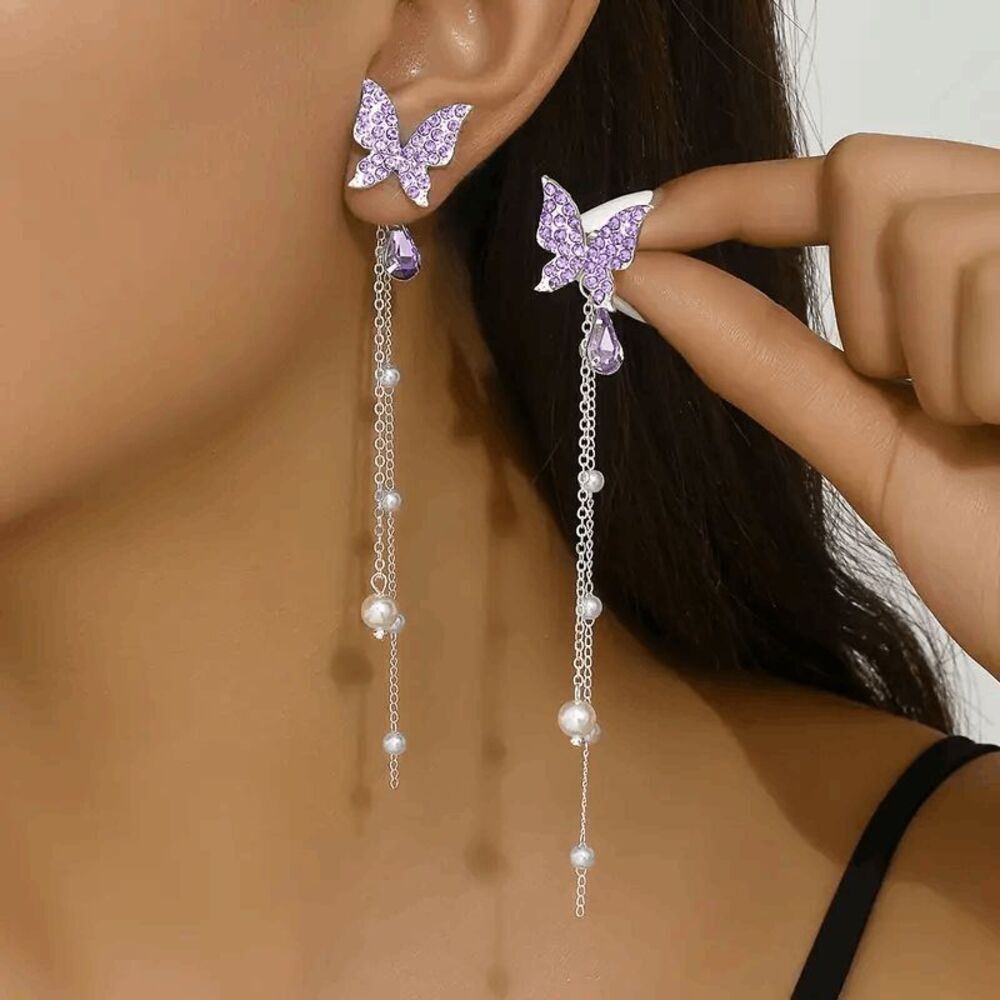 Boho Purple Diamond Pearl Butterfly Tassel Earrings